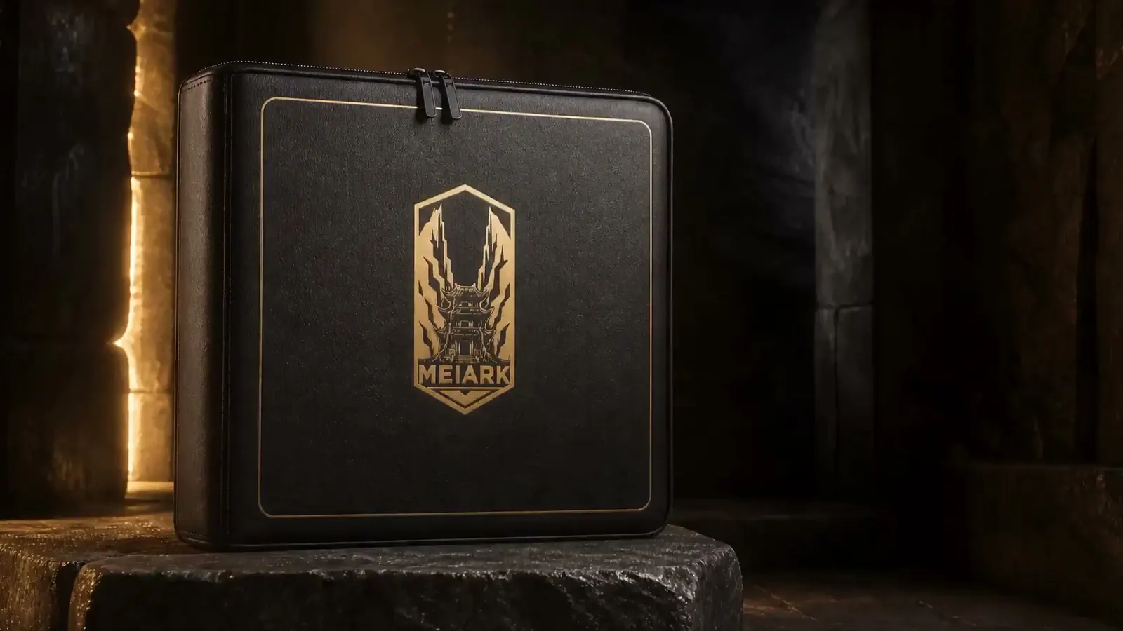 The Master Binder, zipped closed, standing on a stone plinth